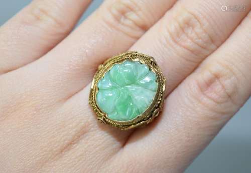 Chinese Jadeite Inlay Gilt Silver Ring