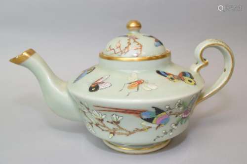 18-19th C. Chinese Pea Glaze Famille Rose Teapot