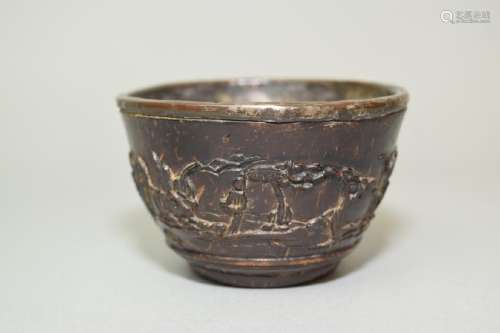 18-19th C. Chinese Relief Carved Coconut Shell Cup