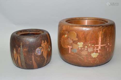 Two 18-19th C. Japanese Bronze Inlay Wood Flower Pots