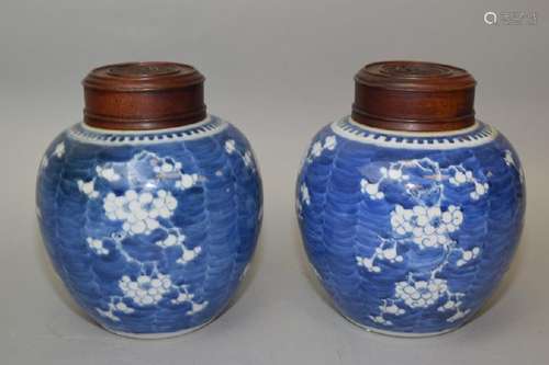 Pair of 19th C. Chinese Blue and White Plum Jars