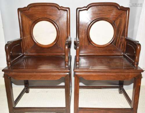 Pair of Qing Chinese Marble Inlaid Hongmu Chairs