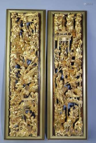 Pair of 19th C. Chinese Gilt Wood Relief Carved Plaque