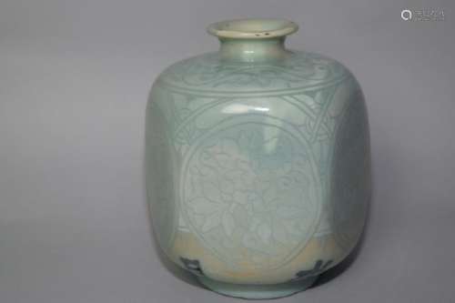 17-18th C. Japanese Celadon Glaze Relief Vase