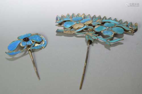 Two 19th C. Chinese Silver Kingfisher Headdresses