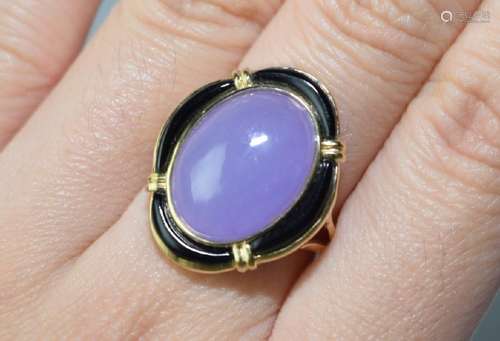 14K Gold Lavender Jadeite and Obsidian Ring