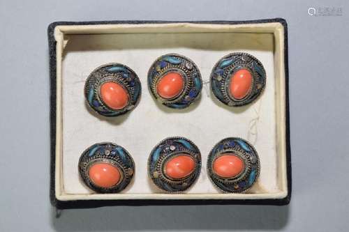 Six Chinese Coral and Enamel over Silver Buttons