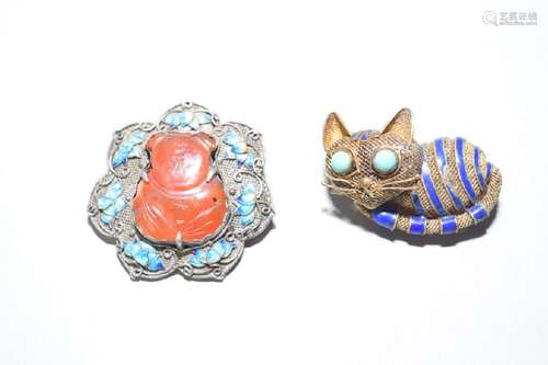 Two Chinese Enamel over Silver Brooches