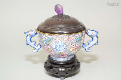 18-19th C. Chinese Enamel over Bronze Covered Cup