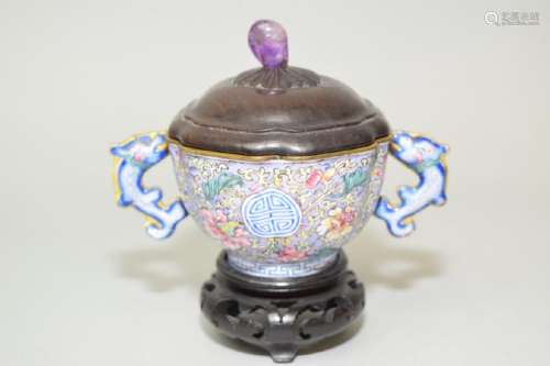 18-19th C. Chinese Enamel over Bronze Covered Cup