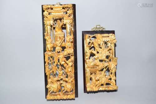 Two 19th C. Chinese Gilt Wood Carved Relief Plaque