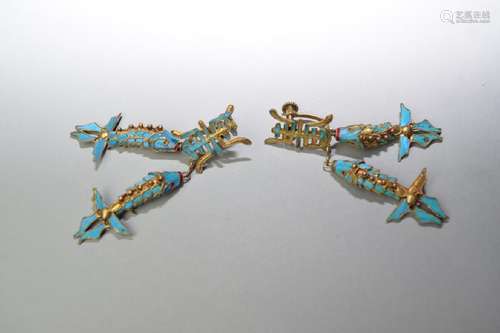 Pair of 19th C. Chinese Silver Kingfisher Ear Clips