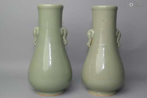 Pair of 18-19th C. Chinese Pea Glaze Relief Vases