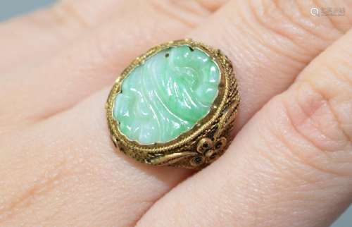 Chinese Jadeite Inlay Gilt Silver Ring