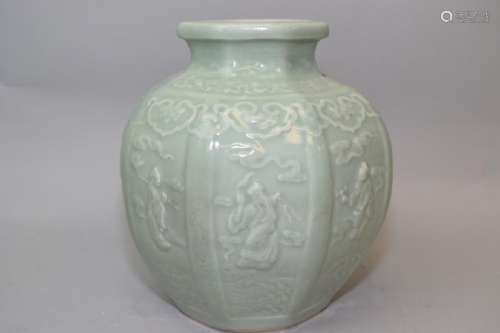 18-19th C. Chinese Pea Glaze Relief Carved Vase