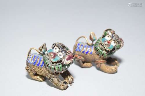 Pair of Chinese Enamel over Silver Lions