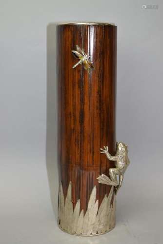 19th C. Japanese Bamboo, Enamel, Silver Nouveau Vase