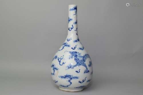 Qing Chinese Blue and White Dragon Vase