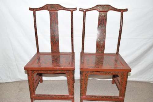 Pair of 19-20th C. Chinese Carved Red Lacquer Chairs