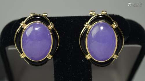 Pair of 14K Gold Lavender Jadeite and Obsidian Earrings