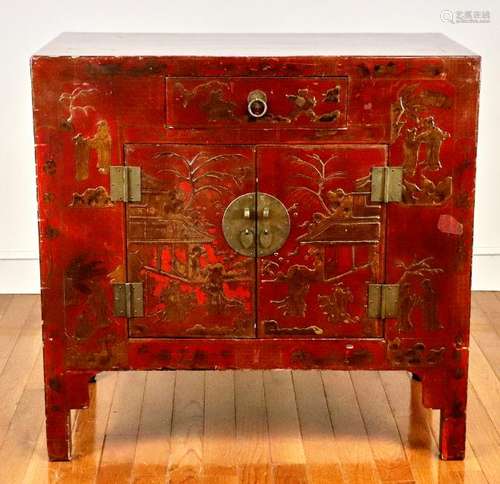 Antique Chinese Red Decorated Cabinet