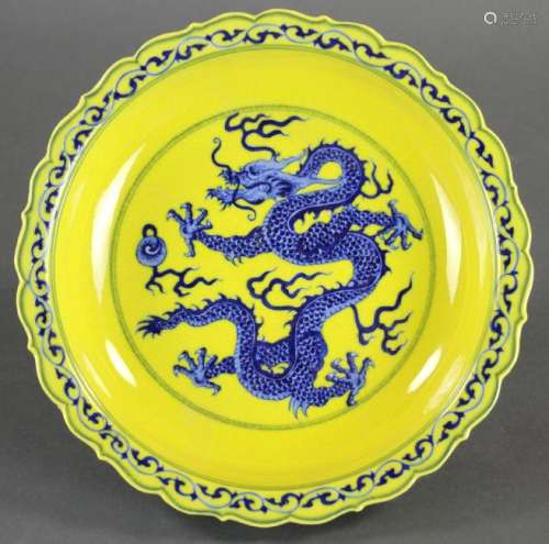Chinese Underglazed Blue White Yellow Dish