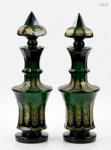 Pr of Bohemian Glass Decanters, Emerald Green