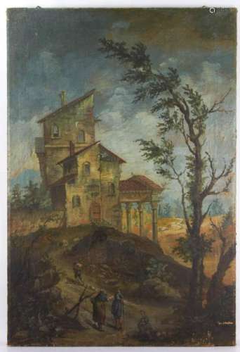 18thC Italian, Stone House w/ Figure, Oil on Canvas
