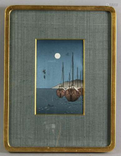 Hiroshige, Harbor in Moonlight, Woodblock Print