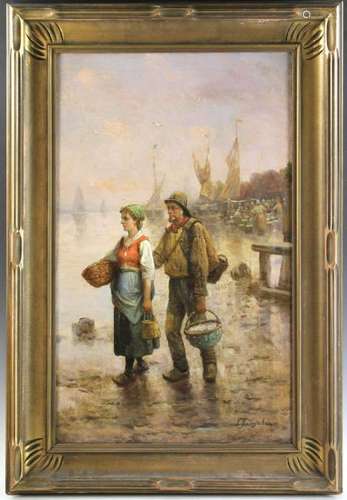 Oyster Gatherers, Oil on Canvas, Signed Baumgartner