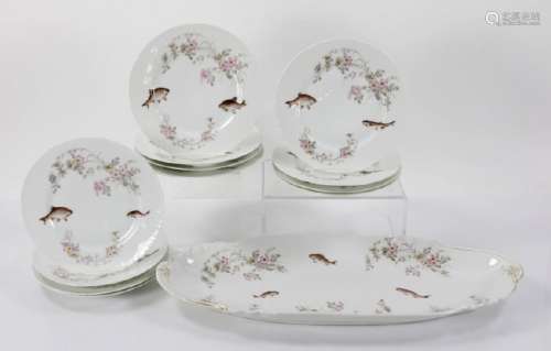 Limoges Floral and Fish Plate and Platter Set