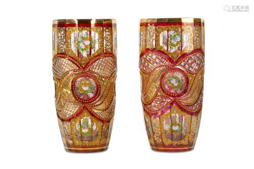A PAIR OF DEEP PINK BOHEMIA GLASS VASES FOR THE IRANIAN