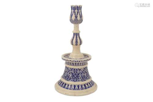 AN OTTOMAN-STYLE BLUE AND WHITE POTTERY CANDLESTICK