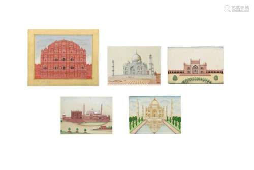 FIVE INDIAN ARCHITECTURAL PAINTINGS Possibly Delhi,