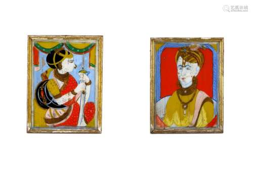 TWO REVERSE GLASS PORTRAITS OF A COURTLY COUPLE India,