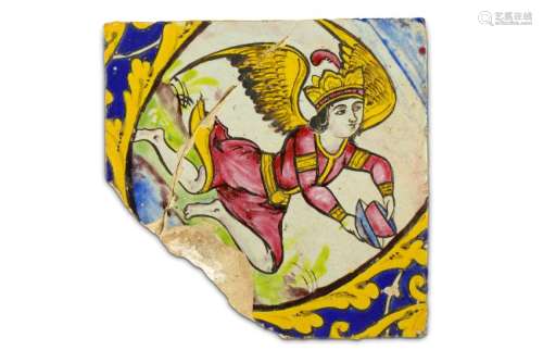A CUERDA SECA FIGURAL POTTERY TILE WITH WINGED ANGEL