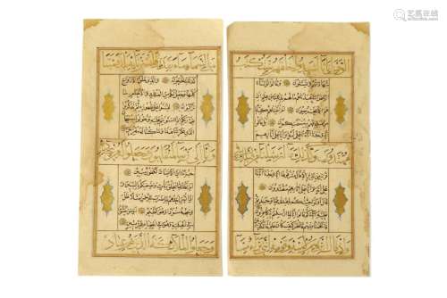 TWO SINGLE-SIDED LOOSE FOLIOS OF A QUR'AN Possibly