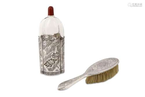 A LATE QAJAR SILVER BRUSH AND GLASS BOTTLE Iran, late