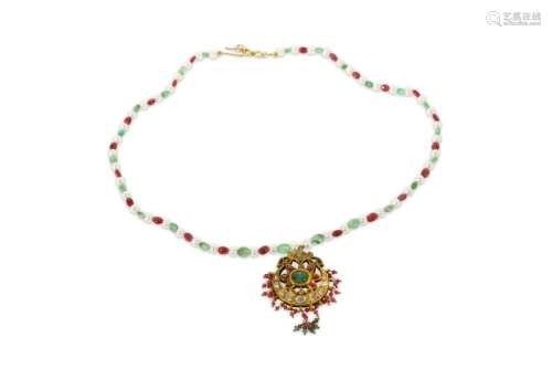 A PEARL, SPINEL AND EMERALD NECKLACE WITH AN ENCRUSTED