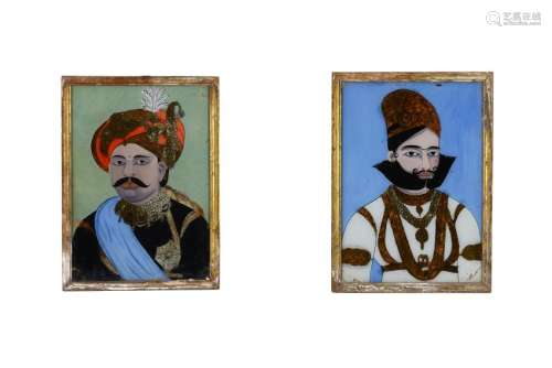 TWO REVERSE GLASS PORTRAITS OF MAHARAJAS India, 20th