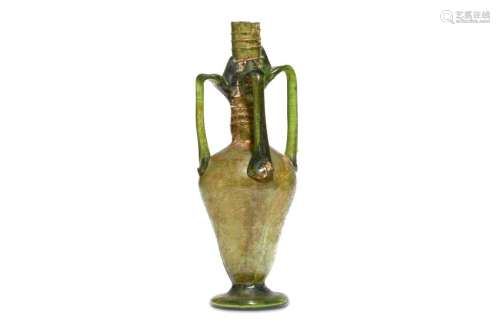 A ROMAN GREEN GLASS FOUR-HANDLED FLASK