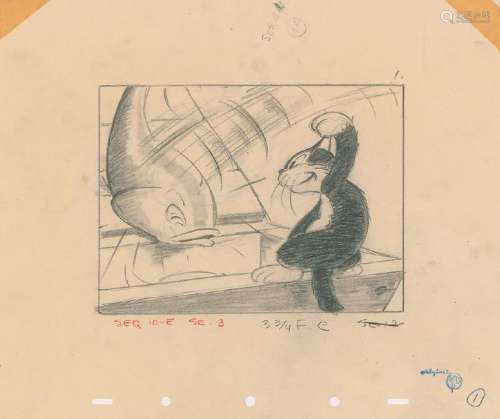 Figaro production storyboard drawing from Pinocchio