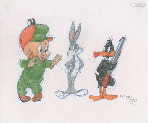 Bugs Bunny, Elmer Fudd, and Daffy Duck original drawing