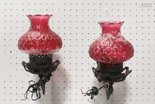 Pair wall hanging cast iron lamps with glass shade