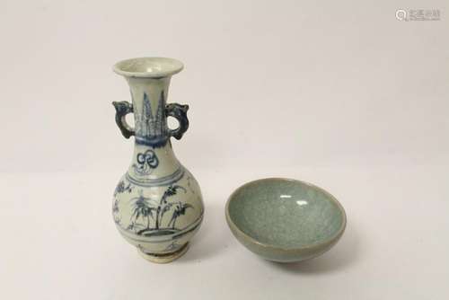 A Song style celadon bowl, and a b&w vase