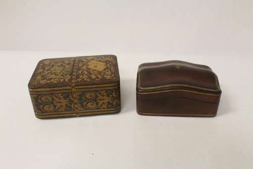 antique handmade inlaid wood box, & a leather box