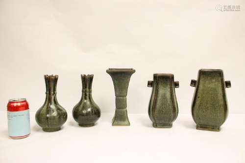 5 brown glazed jars/vases