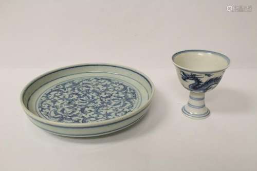 Chinese b&w porcelain plate, and a stem bowl