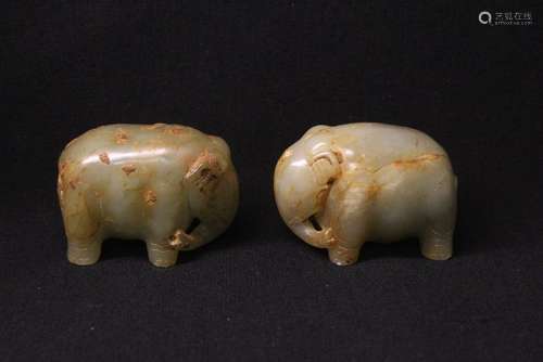 2 celadon jade carved elephant