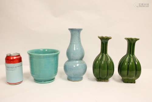 3 vases, and a blue glazed bowl